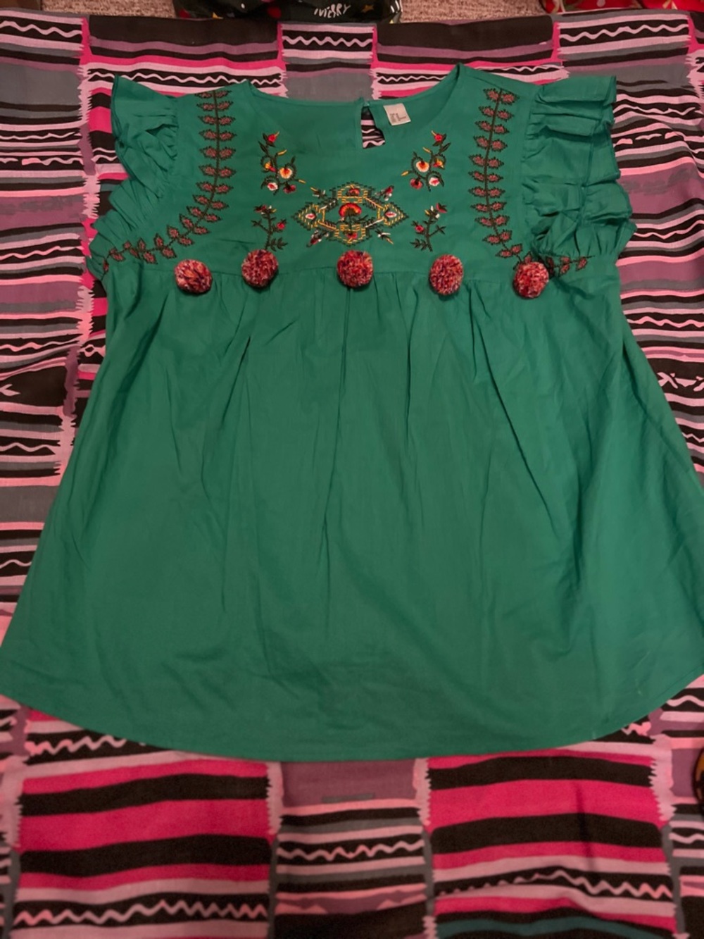 GREEN Embroidered Pom-Pom Flutter Sleeve Top